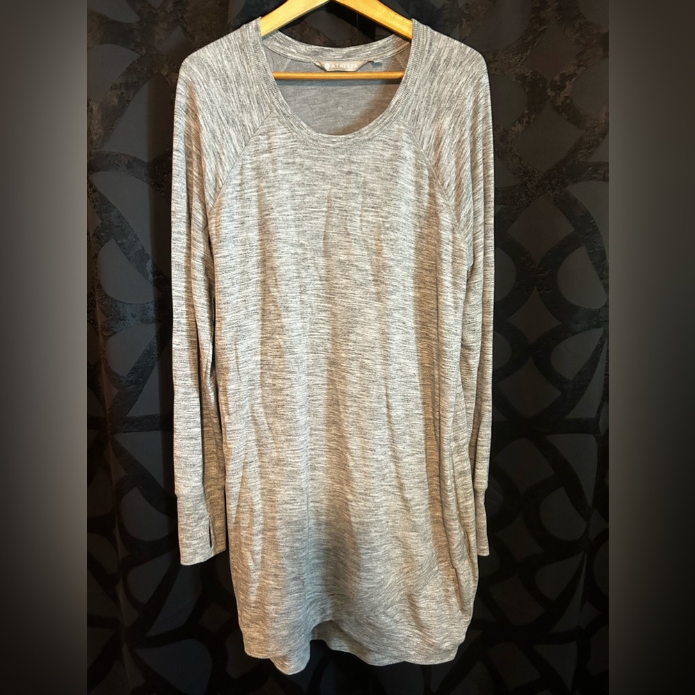 Athleta gray & white knee length asymmetrical bottom sweatshirt dress